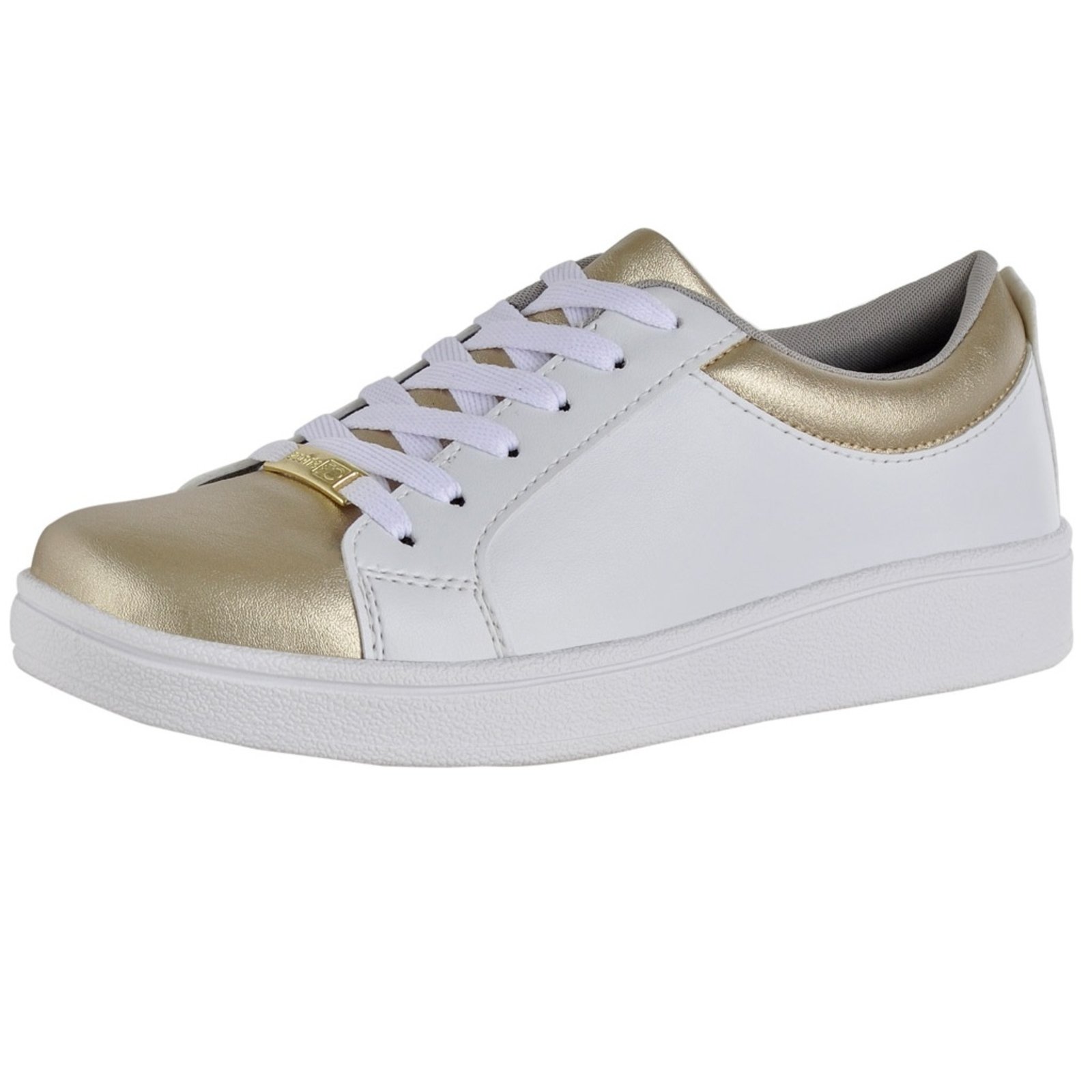 tenis dourado e branco