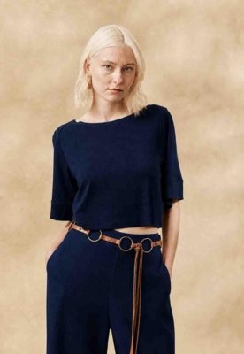 Cropped Liso com Manga Azul