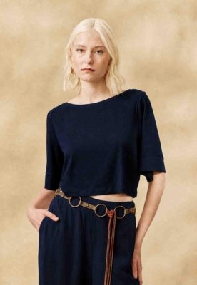 Cropped Liso com Manga Azul