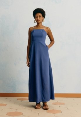 Vestido Longo Liso Alça Corda Azul