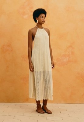 Vestido Midi Liso Tricot Rendado Off-white