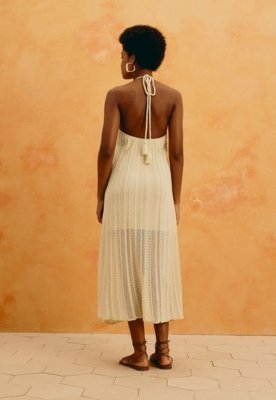 Vestido Midi Liso Tricot Rendado Off-white