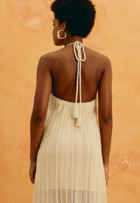 Vestido Midi Liso Tricot Rendado Off-white