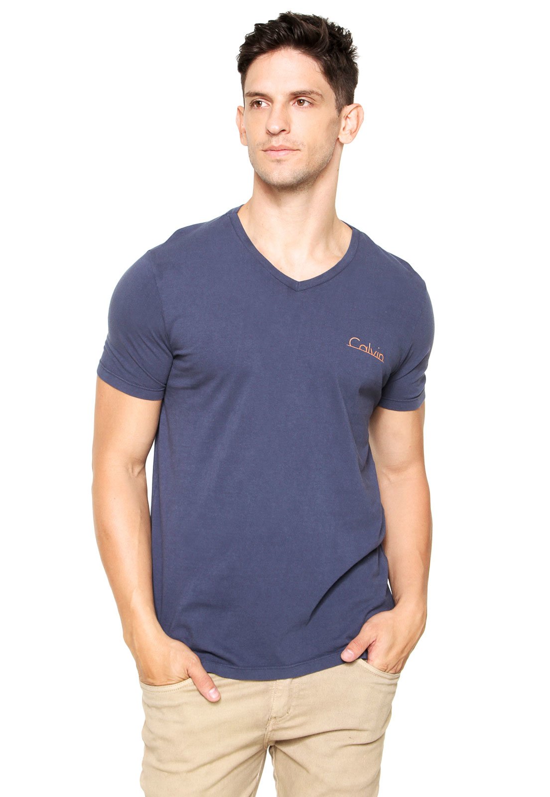 Camiseta Calvin Klein Jeans Gola V Azul - Compre Agora