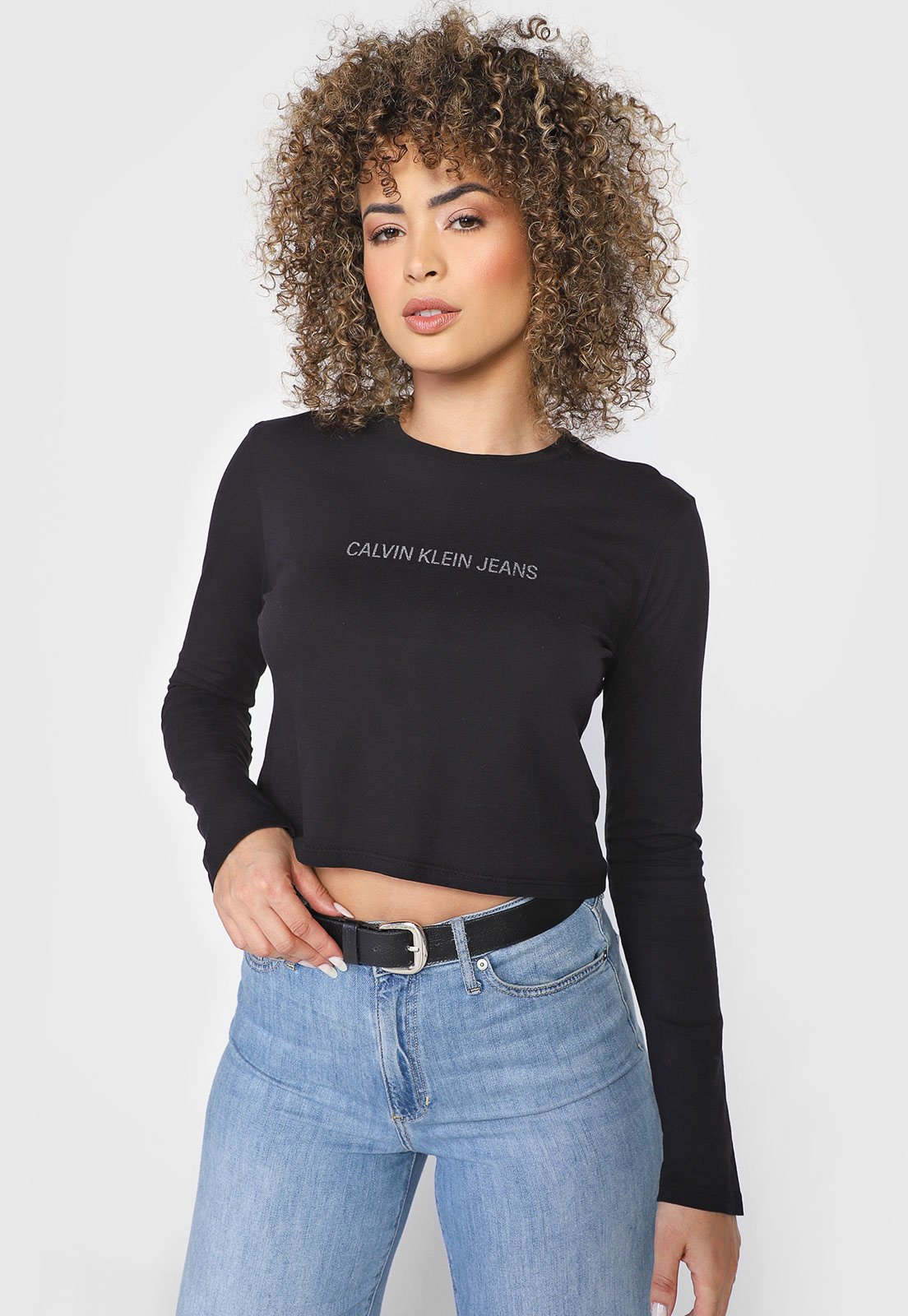 Camiseta Cropped Calvin Klein Jeans Logo Preta - Compre Agora