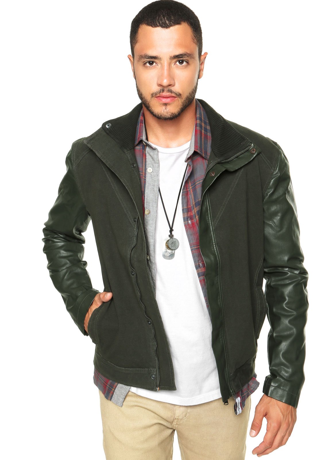 jaqueta de couro com manga de moletom masculina