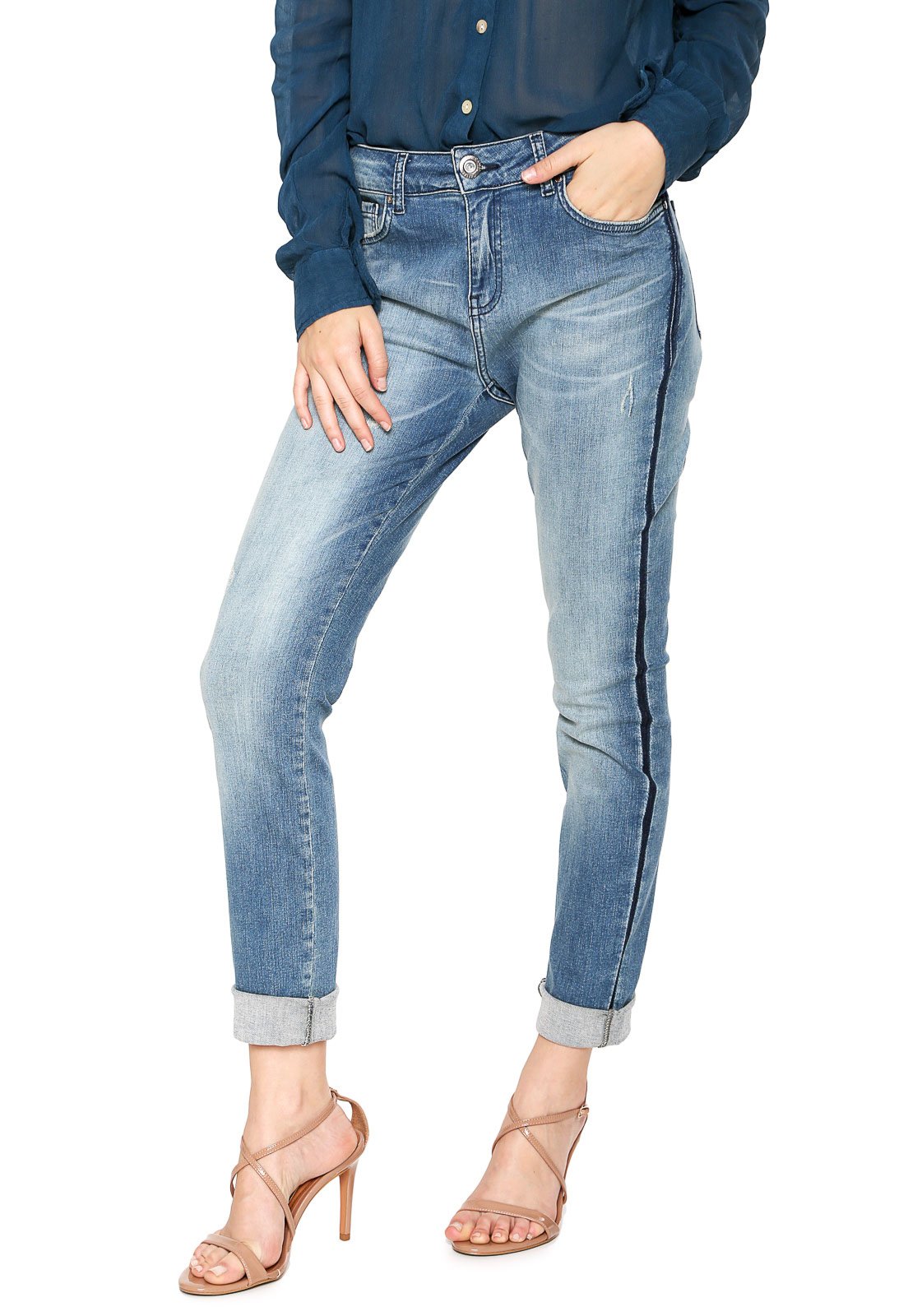 calça jeans com listra lateral feminina