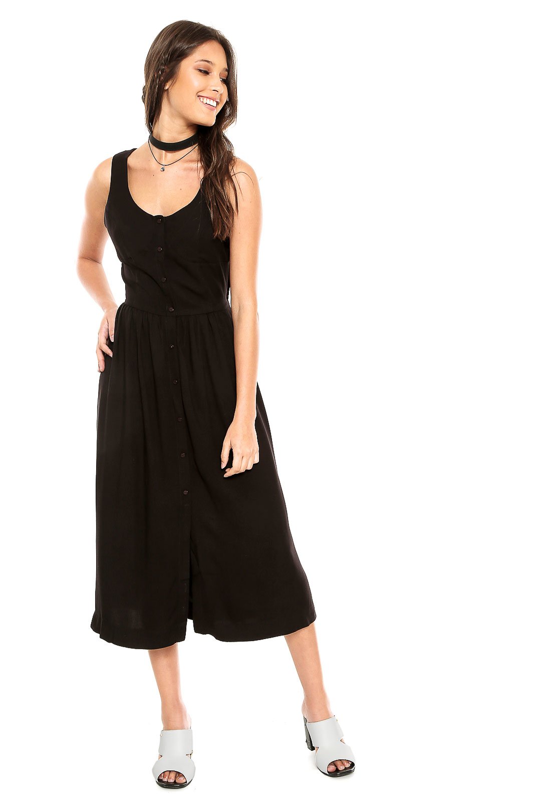 vestido midi botoes preto