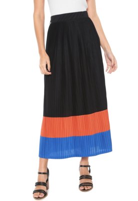 Saia Cantão Midi Plissado Preta/Laranja/Azul Menor preço em Saia Cantão Midi Plissado Preta/Laranja/Azul