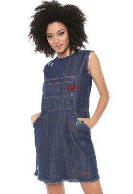 Vestido Jeans Cantão Curto Bolso Azul Menor preço em Vestido Jeans Cantão Curto Bolso Azul