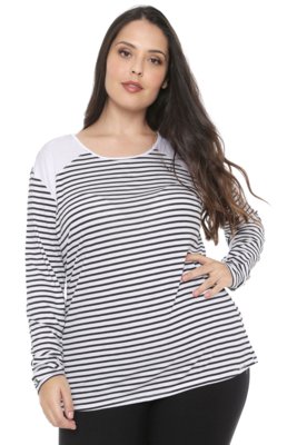 Blusa Cativa Plus Listrada Branca Menor preço em Blusa Cativa Plus Listrada Branca