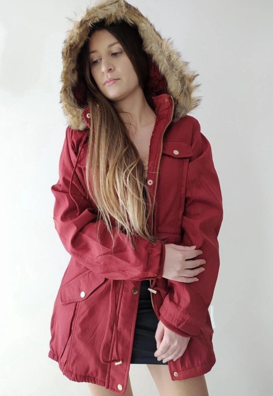 burgundy parka with fur hood