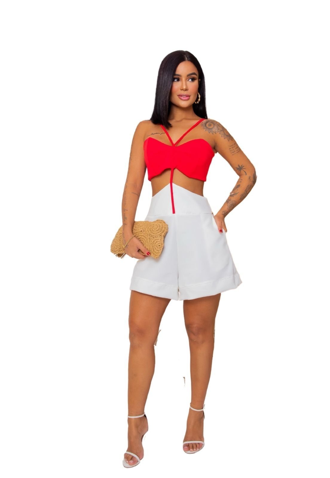 Macaquinho Cut Out Abertura Alfaiataria Bolsos Flavy Vermelho e Branco -  Compre Agora