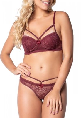 Conjunto Click Chique Lingerie Strappy Bra Em Microfibra Lisa Com Renda Vinho Menor preço em Conjunto Click Chique Lingerie Strappy Bra Em Microfibra Lisa Com Renda Vinho