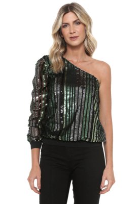 Blusa Colcci Ombro Único Paetê Preta/Verde Menor preço em Blusa Colcci Ombro Único Paetê Preta/Verde