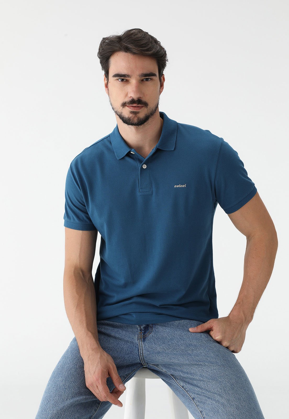 Camisa Polo Colcci Reta Logo Azul