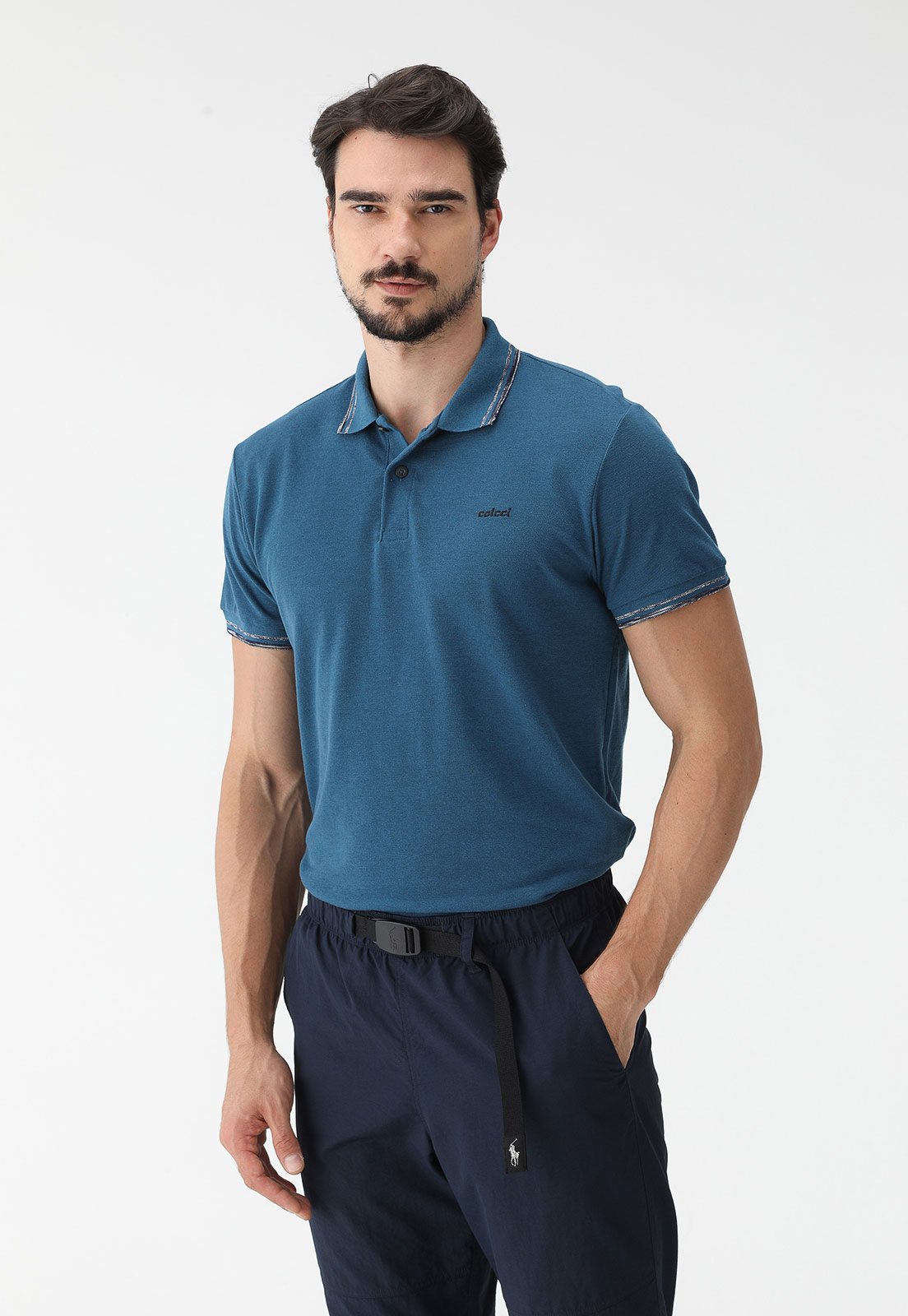 Camisa Polo Colcci Reta Logo Azul