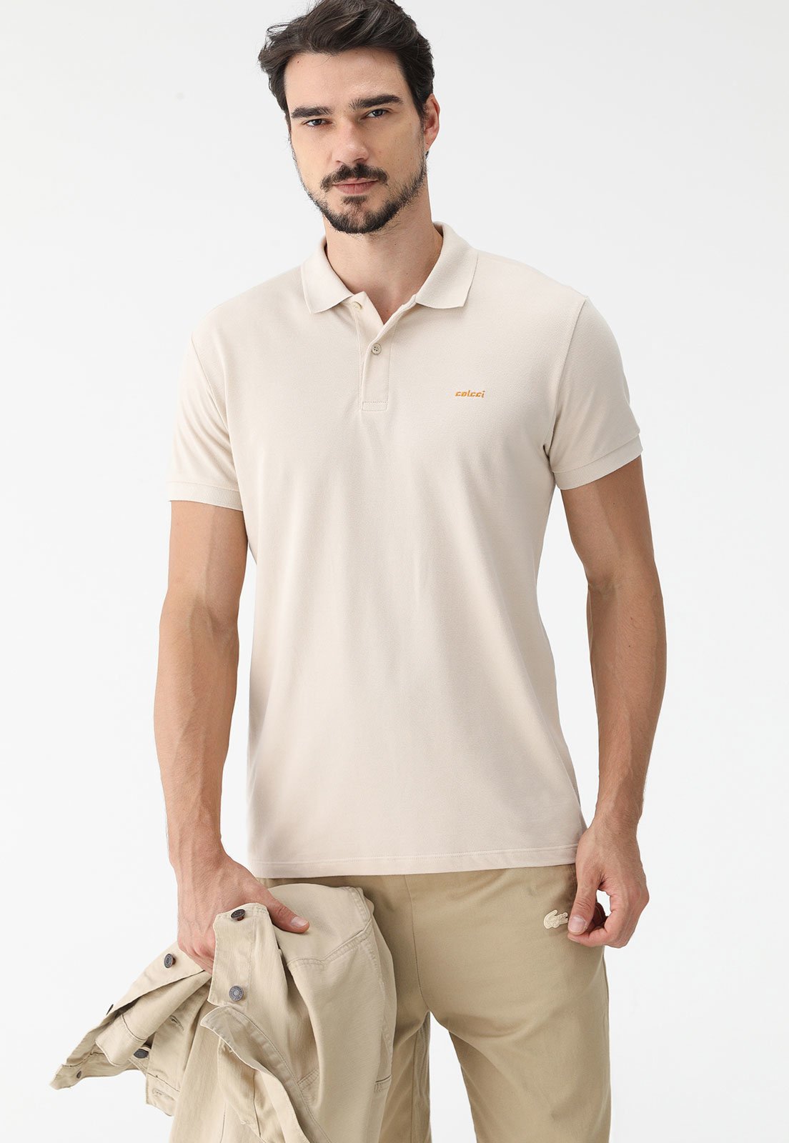 Camisa Polo Colcci Reta Logo Bege