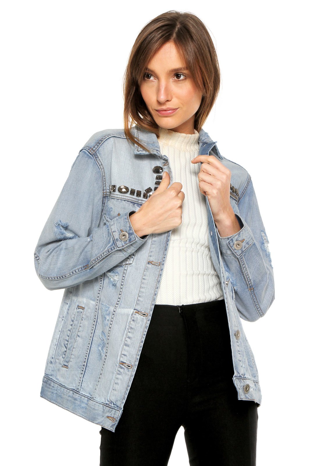 jaqueta jeans feminina com pedraria