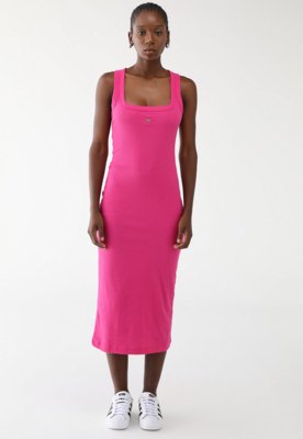Vestido Canelado Colcci Midi Logo Rosa