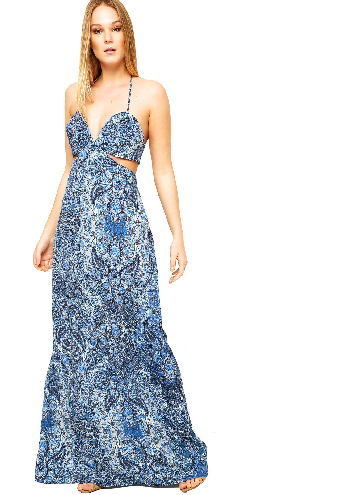 vestido longo florido azul