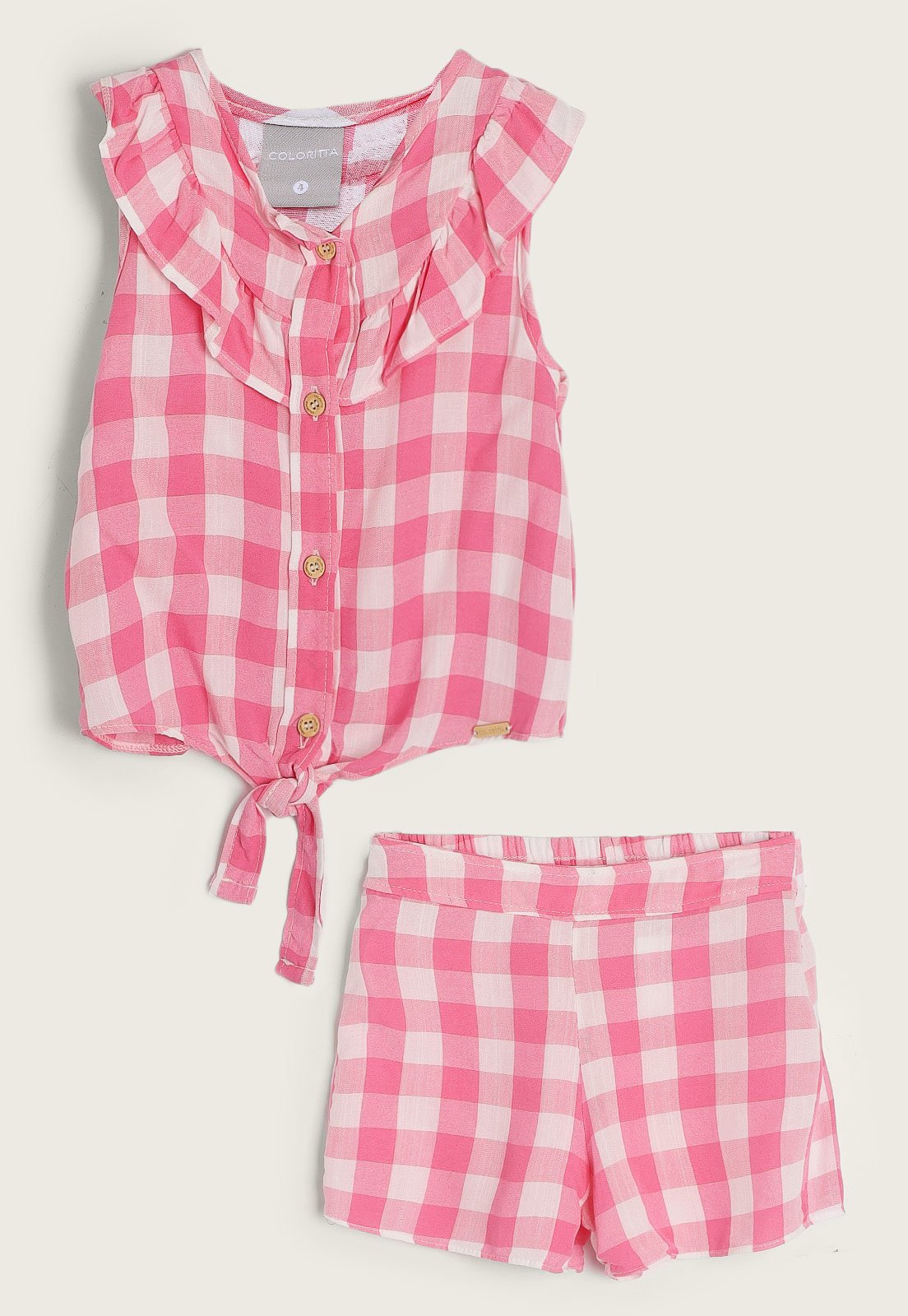 Conjunto Infantil Menina Xadrez com Textura Rosa - Alakazoo