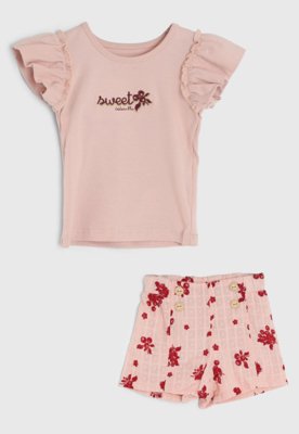 Conjunto Infantil Colorittá Blusa Bordada Short Floral Rosa
