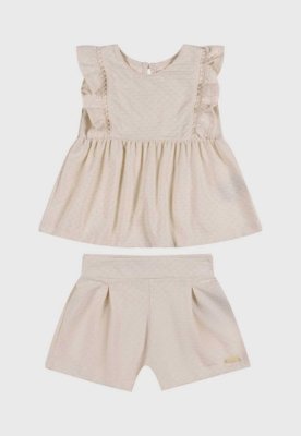 Conjunto Infantil Coloritta Blusa com Babado e Short Bege