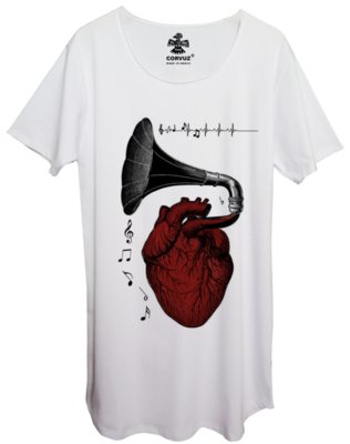 Camiseta Longline Corvuz Phonograph Branca Menor preço em Camiseta Longline Corvuz Phonograph Branca