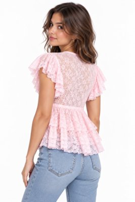 Blusa Peplum em Renda D Bell Outlet Fashion Rosa