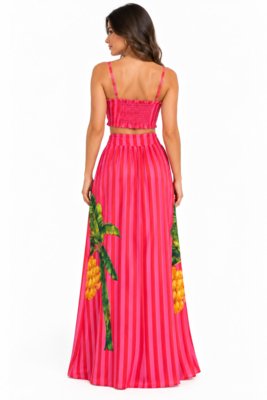 Conjunto Cropped e Saia Longa Listrado D Bell Outlet Fashion Rosa