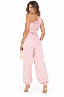 Conjunto D Bell Outlet Fashion Linho Blusa Assimétrica em Renda e Calça Jogger Rosa Bebê