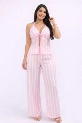 Conjunto D Bell Outlet Fashion Listras Verão Rosa
