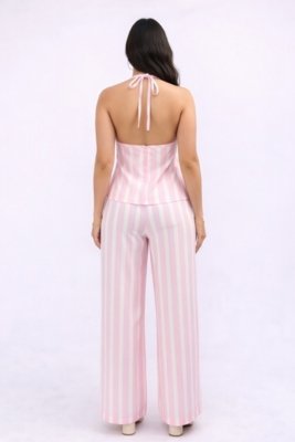 Conjunto D Bell Outlet Fashion Listras Verão Rosa