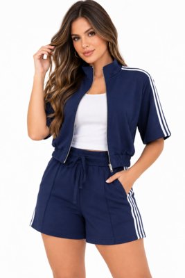 Conjunto D Bell Outlet Fashion Moletinho com Listras Laterais Azul Escuro