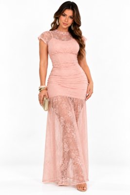 Vestido De Renda com Drapeado D Bell Outlet Fashion Rosa