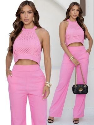 Conjunto Cropped Com Renda e Calça Pantalona Rosa