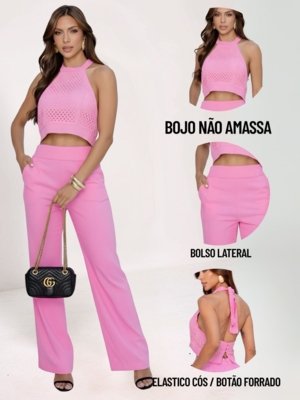 Conjunto Cropped Com Renda e Calça Pantalona Rosa