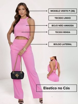 Conjunto Cropped Com Renda e Calça Pantalona Rosa