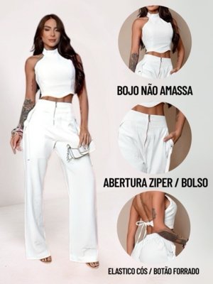 Conjunto Divina Gata Cropped e Calça - Branco