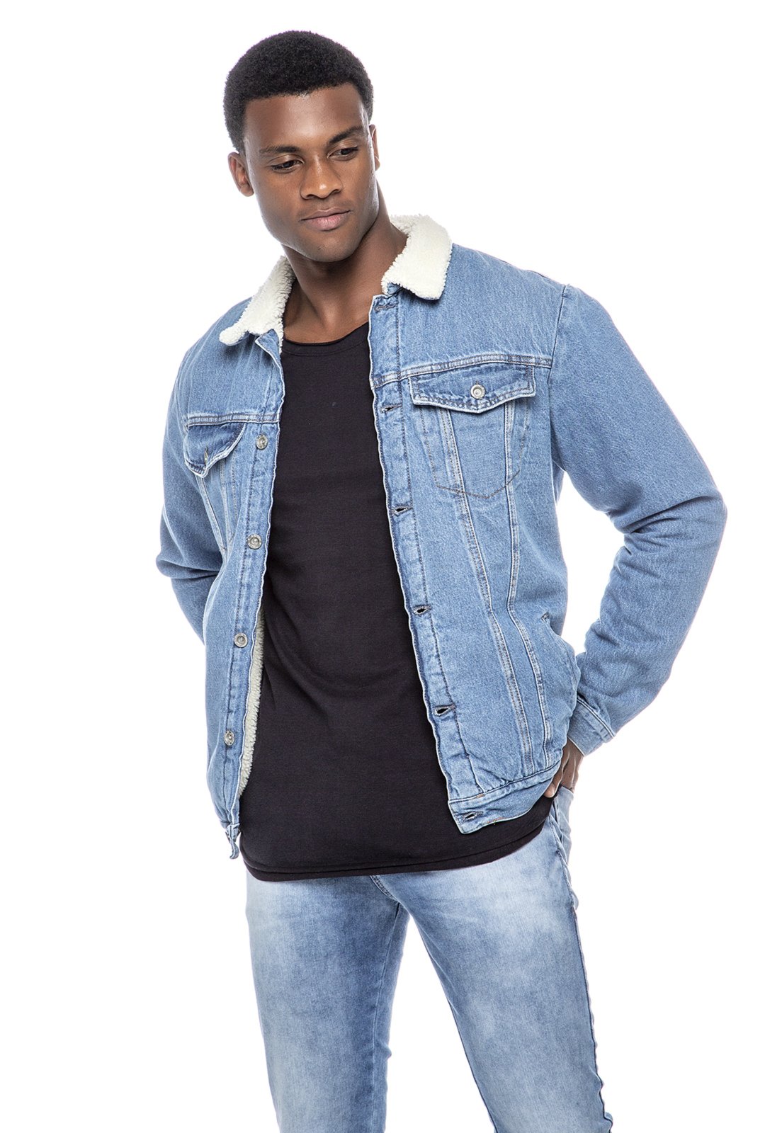 jaqueta jeans masculina com lã de carneiro