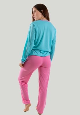 Pijama Longo Lhama Azul com Rosa