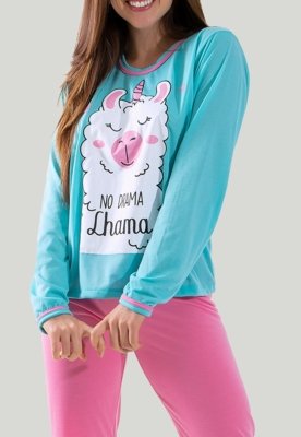 Pijama Longo Lhama Azul com Rosa