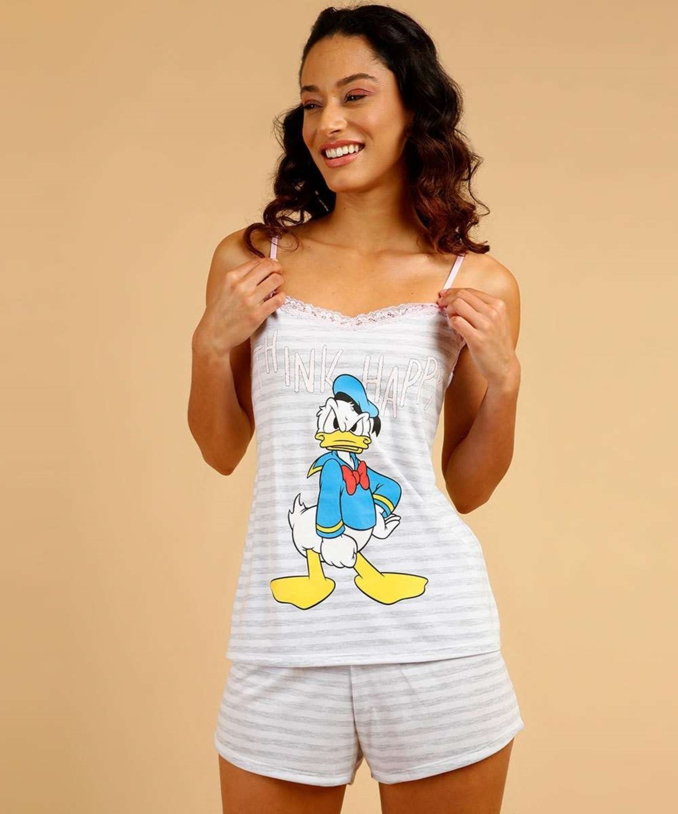 Pijama Feminino Listrado Pato Donald Alças Finas Disney Compre Agora