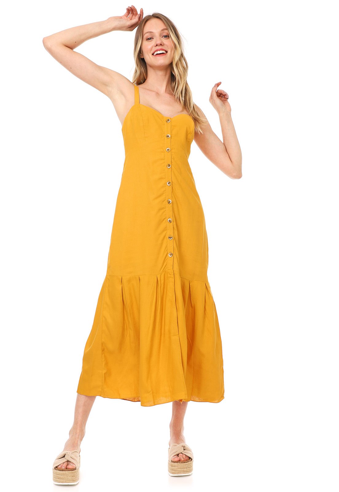 vestido de linho midi amarelo