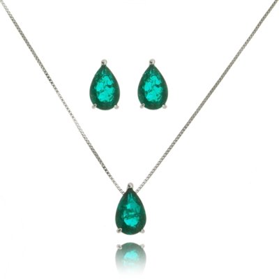 Conjunto Brinco e Colar Drusi Semi Joias Gota Zircônia Esmeralda Rutilada Verde Menor preço em Conjunto Brinco e Colar Drusi Semi Joias Gota Zircônia Esmeralda Rutilada Verde