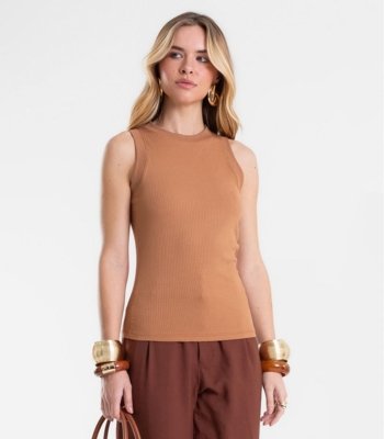 Regata Canelada Feminina Ribana De Viscose Endless Marrom