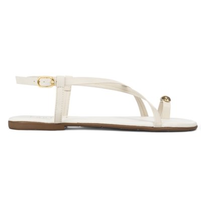 Sandália Feminina Rasteirinha Flat Flatform Rasteira Enfeite Metal Anel Dedo Brilho Off-white
