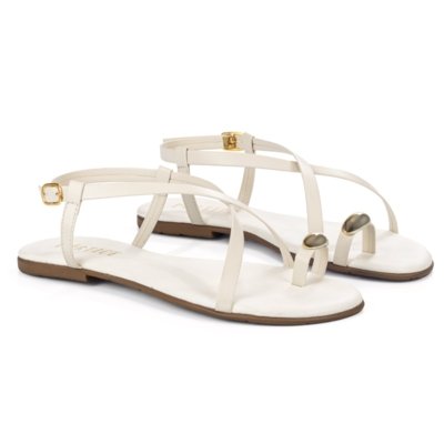 Sandália Feminina Rasteirinha Flat Flatform Rasteira Enfeite Metal Anel Dedo Brilho Off-white