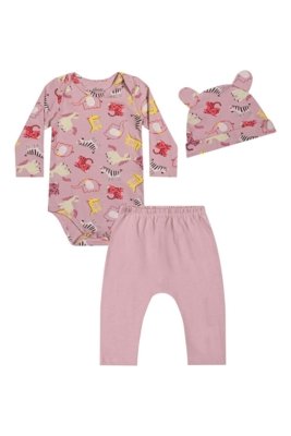 Kit Bebê Menina Com Touca Estampada Elian Rosa